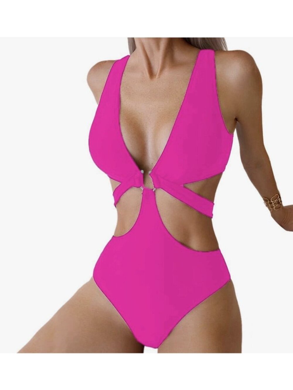 Favnac Deep V Neck One Piece Swimsuit O-Ring Swimwear Sexy Cut Out Hot Pink Med